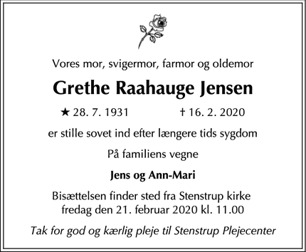Dødsannoncen for Grethe Raahauge Jensen - Stenstrup