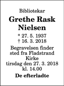 Dødsannoncen for Grethe Rask Nielsen - Hørsholm