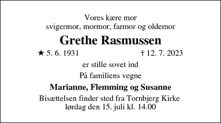 Dødsannoncen for Grethe Rasmussen - odense