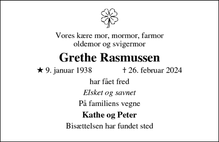 Dødsannoncen for Grethe Rasmussen - Silkeborg
