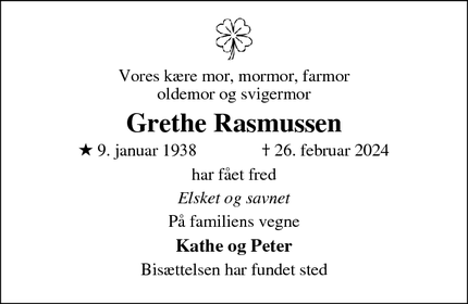 Dødsannoncen for Grethe Rasmussen - Silkeborg
