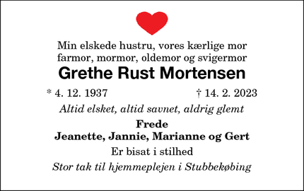 Dødsannoncen for Grethe Rust Mortensen - Stubbekøbing