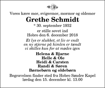Dødsannoncen for Grethe Schmidt - Hobro