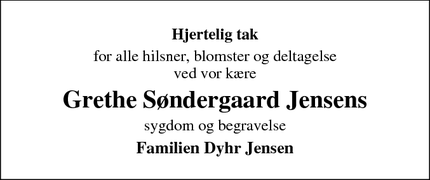 Dødsannoncen for Grethe Søndergaard Jensens - Stenlille