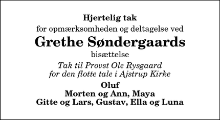 Taksigelsen for Grethe Søndergaards - 9382 Tylstrup