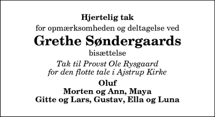 Taksigelsen for Grethe Søndergaards - 9382 Tylstrup