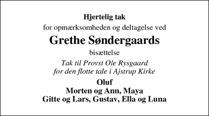 Taksigelsen for Grethe Søndergaards - 9382 Tylstrup
