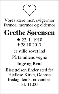 Dødsannoncen for Grethe Sørensen - Odense