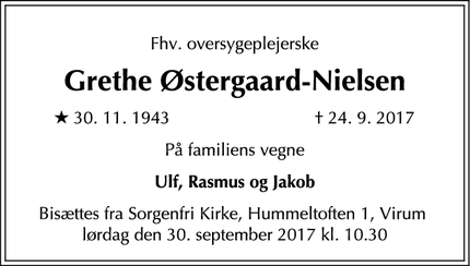 Dødsannoncen for Grethe Østergaard-Nielsen - Virum