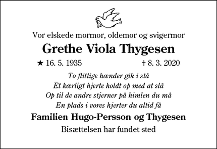 Dødsannoncen for Grethe Viola Thygesen - Esbjerg