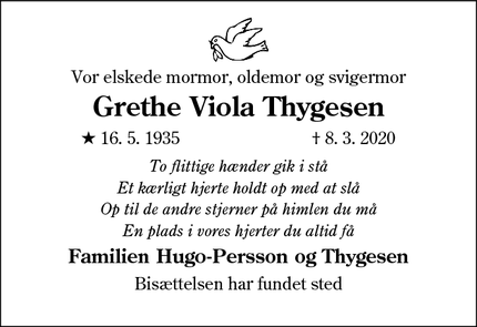 Dødsannoncen for Grethe Viola Thygesen - Esbjerg