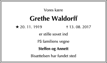 Dødsannoncen for Grethe Waldorff - Gentofte