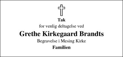 Dødsannoncen for Grethe Kirkegaard Brandts - Skanderborg