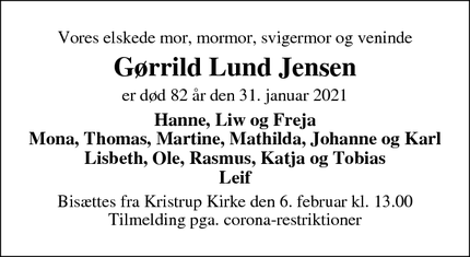 Dødsannoncen for Gørrild Lund Jensen - Randers