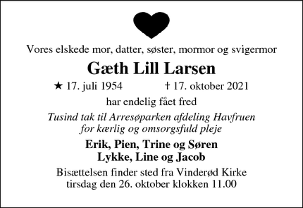 Dødsannoncen for Gæth Lill Larsen - Halsnæs