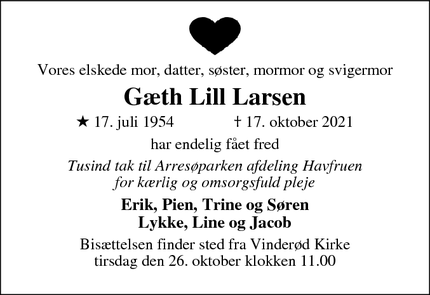 Dødsannoncen for Gæth Lill Larsen - Halsnæs