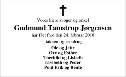 Dødsannoncen for Gudmund Tamstrup Jørgensen - Tvis