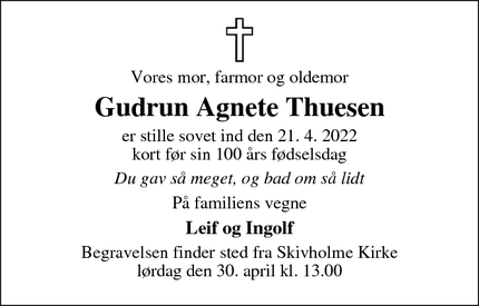 Dødsannoncen for Gudrun Agnete Thuesen - Rungsted Kyst