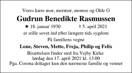 Dødsannoncen for Gudrun Benedikte Rasmussen - Vejby