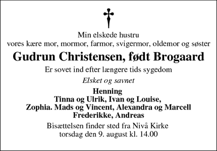 Dødsannoncen for Gudrun Christensen, født Brogaard - Kokkedal
