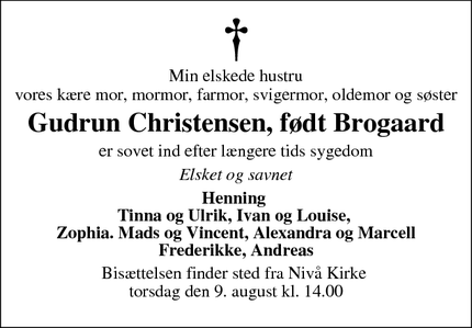 Dødsannoncen for Gudrun Christensen, født Brogaard - Kokkedal