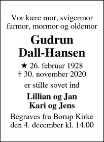 Dødsannoncen for Gudrun
Dall-Hansen - Borup