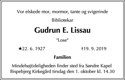Dødsannoncen for Gudrun E. Lissau - København