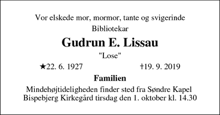 Dødsannoncen for Gudrun E. Lissau - København