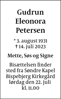 Dødsannoncen for Gudrun
Eleonora
Petersen - Frederiksberg 