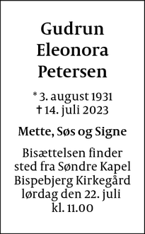 Dødsannoncen for Gudrun
Eleonora
Petersen - Frederiksberg 