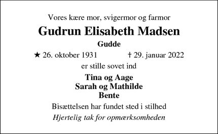 Dødsannoncen for Gudrun Elisabeth Madsen - Ringkøbing