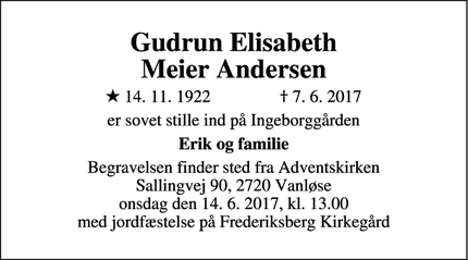 Dødsannoncen for Gudrun Elisabeth
Meier Andersen - Frederiksberg