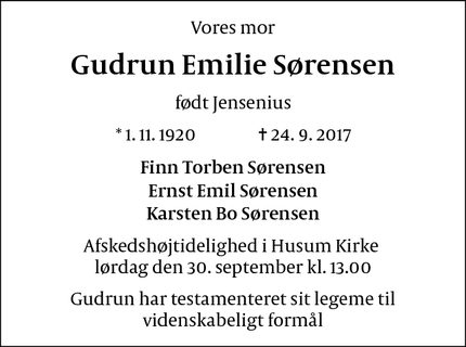 Dødsannoncen for Gudrun Emilie Sørensen - 2700 Brønshøj