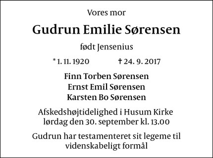 Dødsannoncen for Gudrun Emilie Sørensen - 2700 Brønshøj