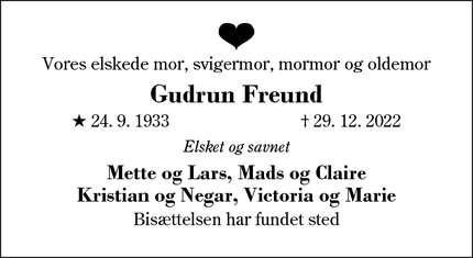Dødsannoncen for Gudrun Freund - Herning