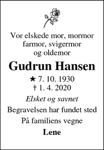 Dødsannoncen for Gudrun Hansen - Stensved 