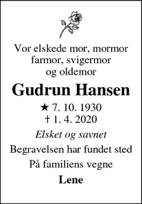 Dødsannoncen for Gudrun Hansen - Stensved 