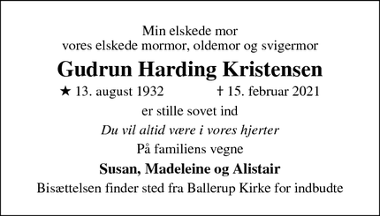Dødsannoncen for Gudrun Harding Kristensen - Ballerup