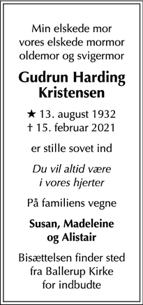 Dødsannoncen for Gudrun Harding Kristensen - Ballerup