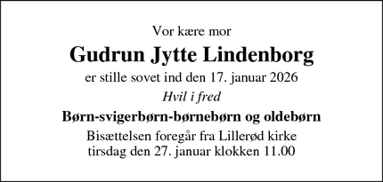 Dødsannoncen for Gudrun Jytte Lindenborg - Allerød