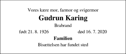 Dødsannoncen for Gudrun Karing - Brabrand