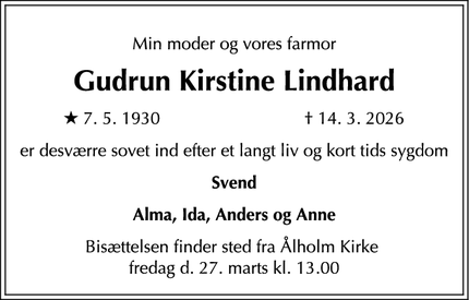 Dødsannoncen for Gudrun Kirstine Lindhard - København