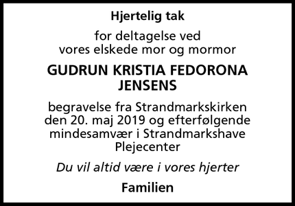 Dødsannoncen for Gudrun Kristia Fedorona
Jensens - Hvidovre