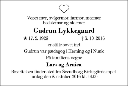 Dødsannoncen for Gudrun Lykkegaard - Herning