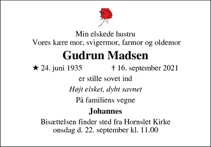 Dødsannoncen for Gudrun Madsen - Randers Sø