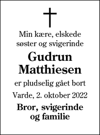 Dødsannoncen for Gudrun Matthiesen - Varde