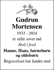 Dødsannoncen for Gudrun
Mortensen - Frederiksværk
