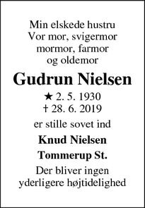 Dødsannoncen for Gudrun Nielsen - Tommerup St