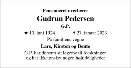 Dødsannoncen for Gudrun Pedersen - Odense SØ