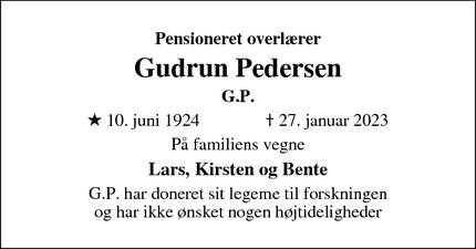 Dødsannoncen for Gudrun Pedersen - Odense SØ